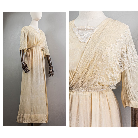 Lovely Antique 1910s Cream Silk Jacquard Dress wi… - image 1