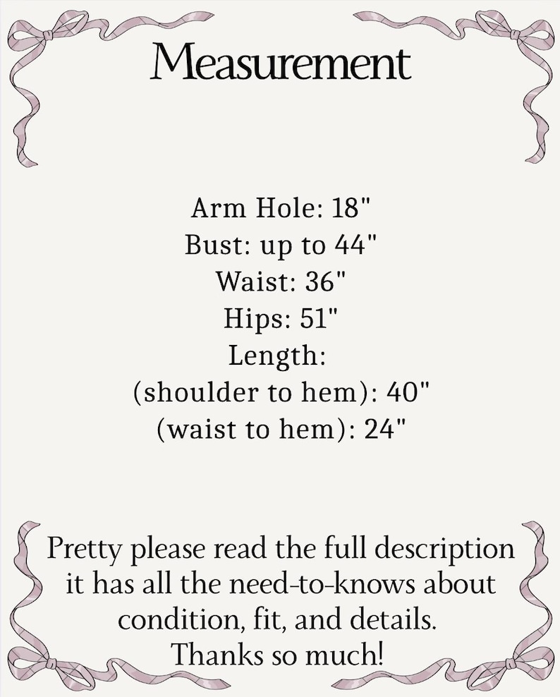 Puede incluir: Imagen color crema con la palabra "Medida" en la parte superior. El texto a continuaci&oacute;n enumera las medidas: sisa 45,7 cm, busto hasta 111,8 cm, cintura 91,4 cm, caderas 129,5 cm, largo (hombro a dobladillo) 101,6 cm, (cintura a dobladillo) 61 cm.
