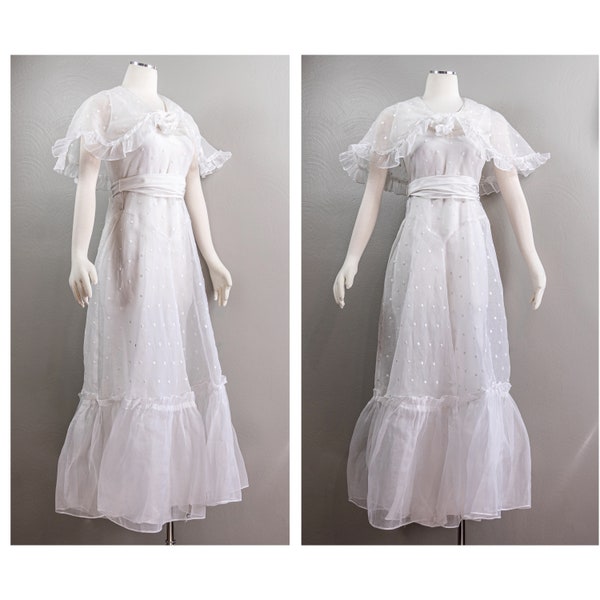 Lovely 30s White Polka-Dot Cotton Organdy Dress, Attached Caplet, Matching Slip