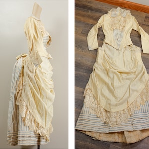 Wonderful 1880s Victorian Cream Wool and Blue Striped Silk Summer Day Dress, Bustle Dress, Lace, Extra Extra Small