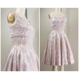 50s Pastel Pink Brocade Party Dress: Suzy Perette Rhinestone Circle Skirt, Extra Small