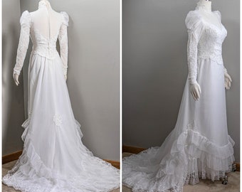 Stunning 80s White Chiffon and Lace Wedding Gown, Ruffled Train, Princesses Sleeves, Pearl Beading