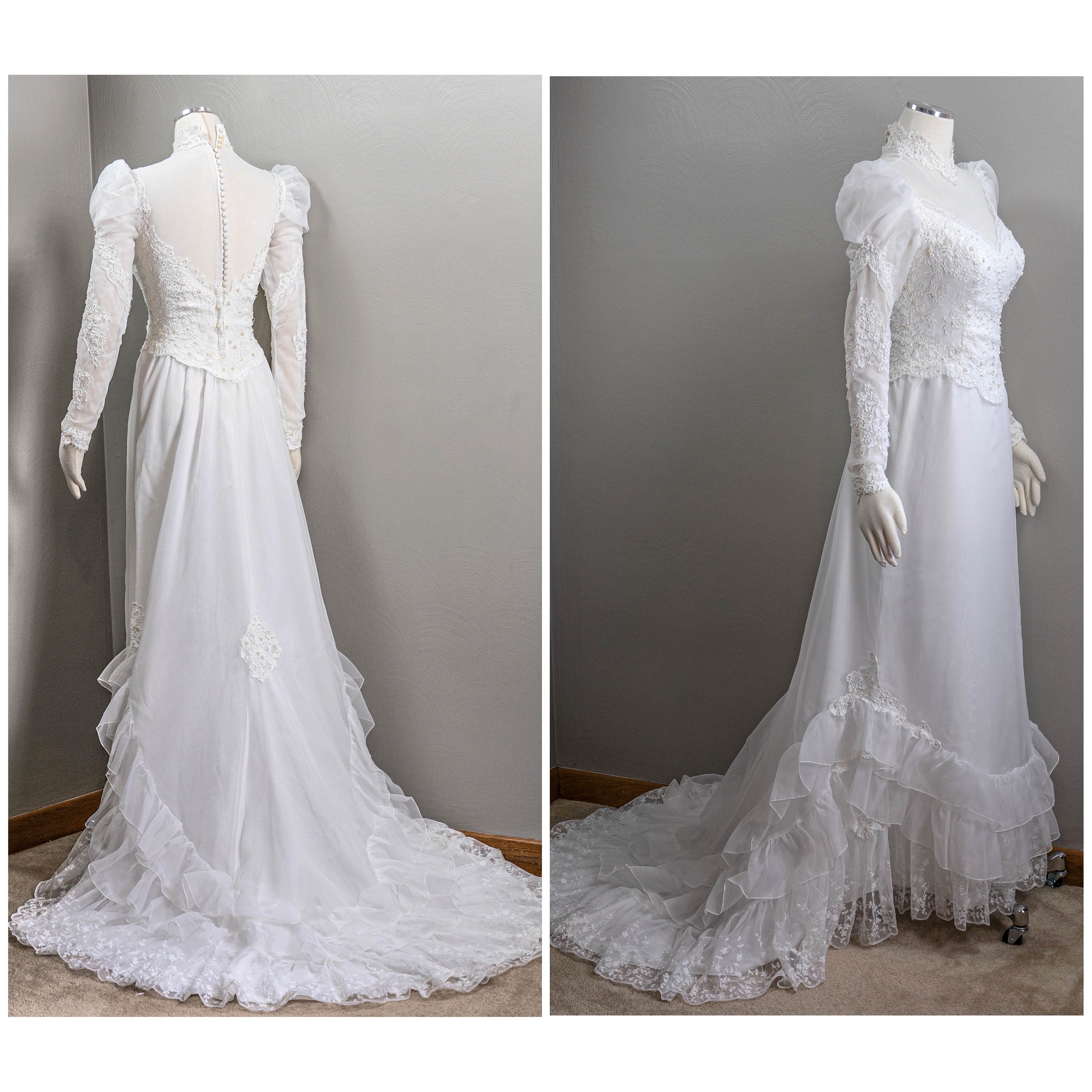 80s Victorian Chiffon Wedding Gown