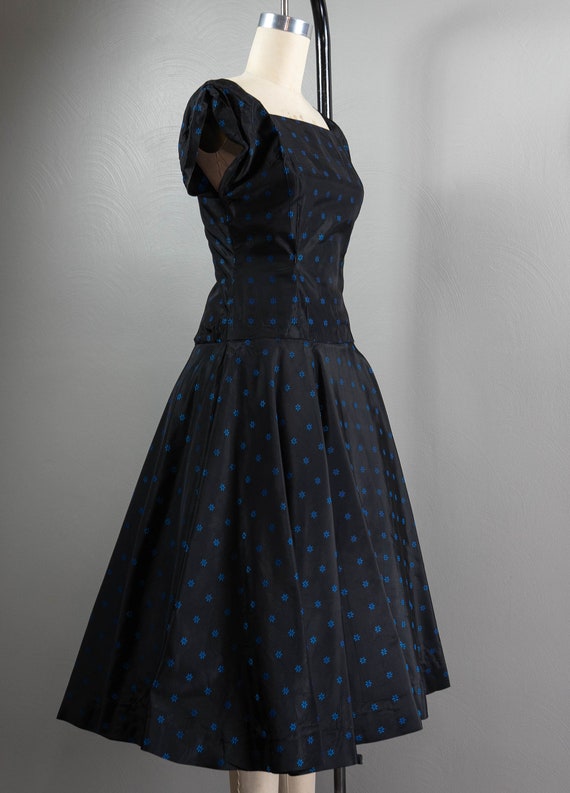 50s Black and Blue Brocade Drop Waist Party Dress… - image 5