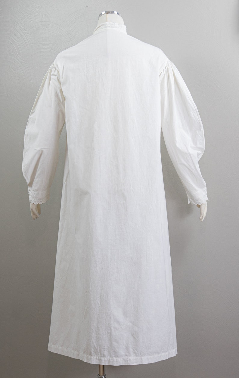 Antique Victorian Ca. 1860 Drop Shoulder White Linen Nightgown, Balloon Sleeves, Lace Trim, High Collar image 7