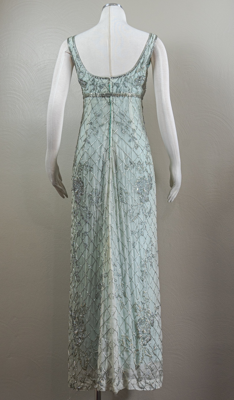 Stunning 60s Rosalie MaCrini Beaded Teal Silk Organza Evening Dress, Empire Waisted, Grecian Style image 5