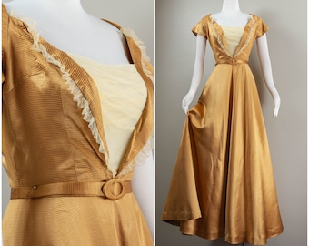 Elegant 40s/50s Bronze Ribbed silk Evening Gown, Victorian Styling, A-line Full Circle Skirt