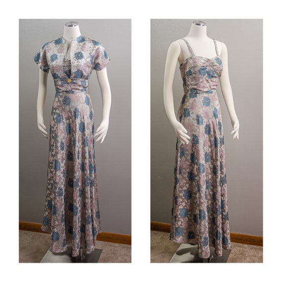 Elegant Vintage 40s 50s Steel Gray Brocade Evening