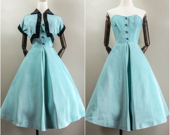 Retro 50s Teal Blue Silk Faille Dress and Bolero Set, Full Circle Skirt, Rhinestones Buttons and Details