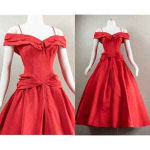 Glamorous True Red 50s Silk Faille Off the Shoulder Evening Dress, Fred Perlberg, Ballet Length image 1