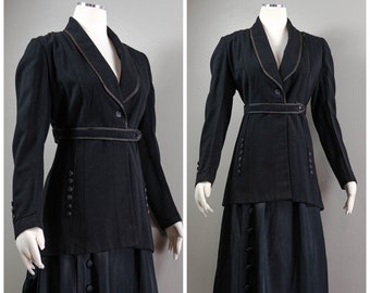 Antique 1910s Black Wool Walking Suit Jacket, Faux Button Details, Vibrant Abstract Pint Lining