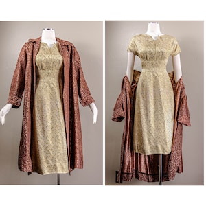 50s Brocade Dress and Swing Coat Set: Metallic Gold & Chocolate Brown, Medium