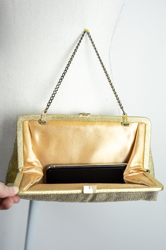 Vintage 50s/60s Gold Bow Clutch with rhinestone c… - image 3