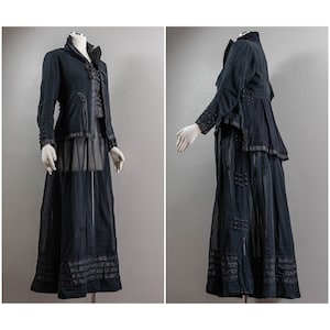 Antique Edwardian Black Cotton Organdy Walking Suit: Silk Trim, Button Details, 1900s, Large