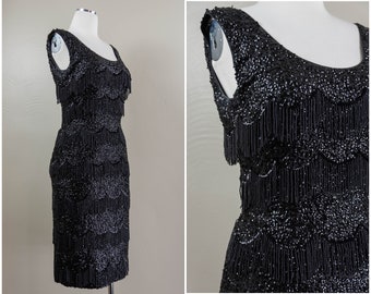 Glitzy 60s Black Silk Crepe Fitted Party Dress, Embellished with Sequins and Beaded Fringed. 1960s