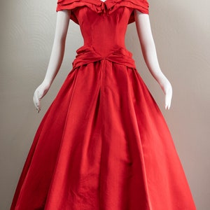 Glamorous True Red 50s Silk Faille Off the Shoulder Evening Dress, Fred Perlberg, Ballet Length image 2