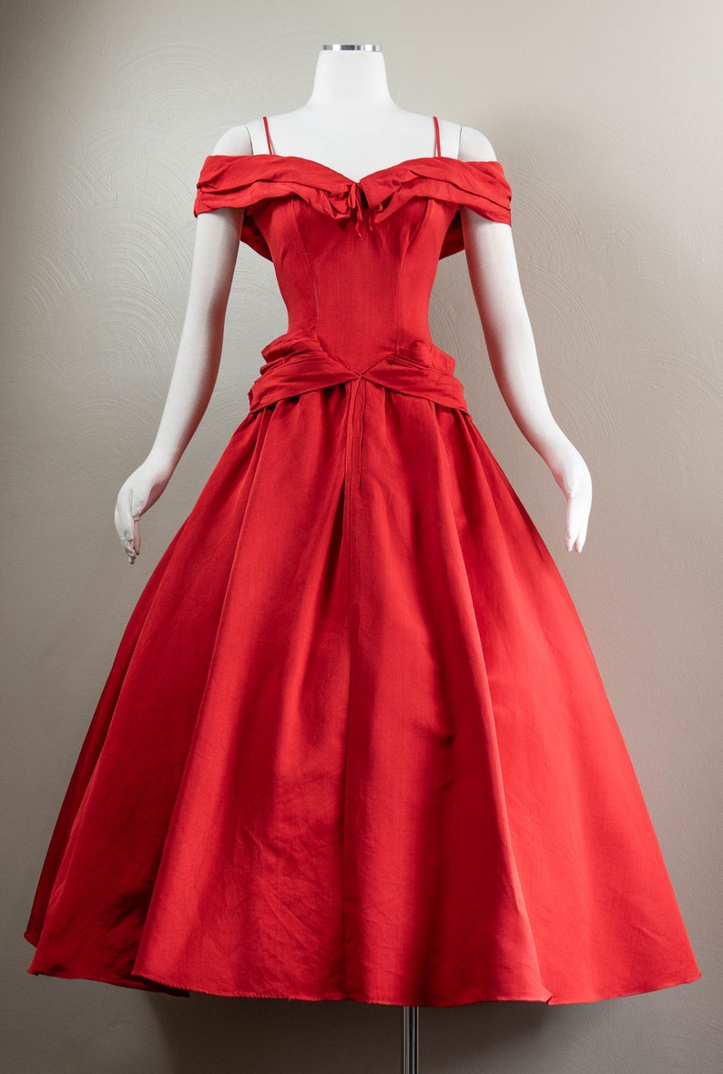 Glamorous True Red 50s Silk Faille Off the Shoulder Evening Dress, Fred Perlberg, Ballet Length image 2