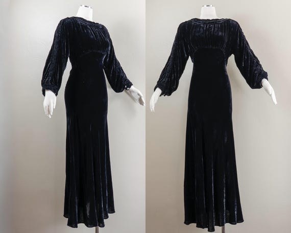 1930s Black Silk Velvet Evening Gown with Rhinestone … - Gem