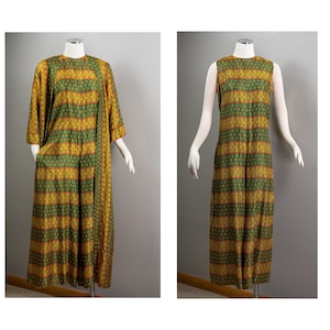 May include: A long green and yellow patterned dress with a matching jacket. The dress has a sleeveless design and the jacket has long sleeves.