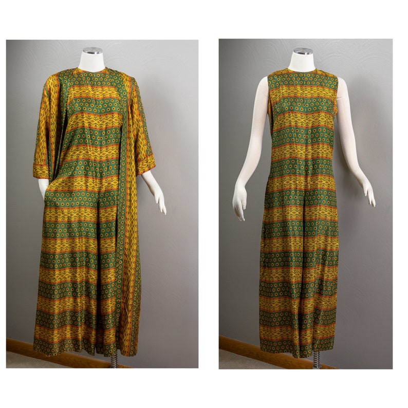 May include: A long green and yellow patterned dress with a matching jacket. The dress has a sleeveless design and the jacket has long sleeves.
