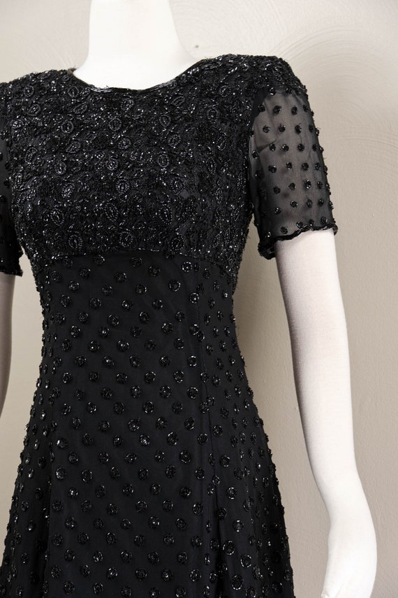 90s Black Silk Chiffon Beaded Midi Dress, Dark Ro… - image 3