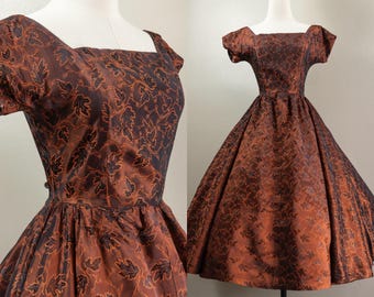 1950s Brown Brocade Maple Leaf Dress: Fall Party Circle Skirt, Size Small