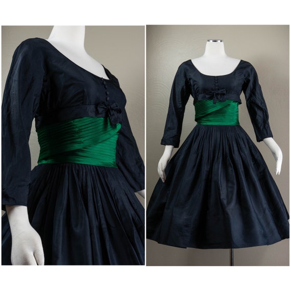 Timeless 50s Black Silk Taffeta Party Dress, Green