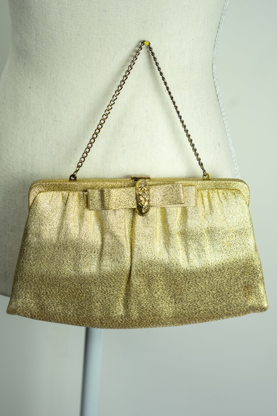 Vintage 50s/60s Gold Bow Clutch with rhinestone c… - image 1