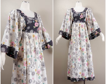 70s Floral Maxi Dress Boho Angel Sleeve V Neck Empire Waist Hippie ...