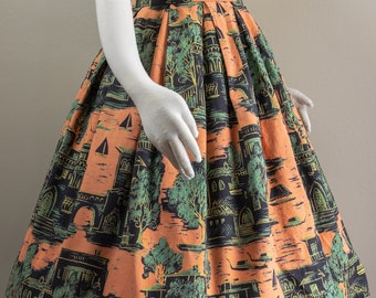 USA 50s MARINE PRINT SKIRT ヴィンテージ 50年代 Vintage 1950s Novelty Print Skirt Autumn Leaves City Scenic