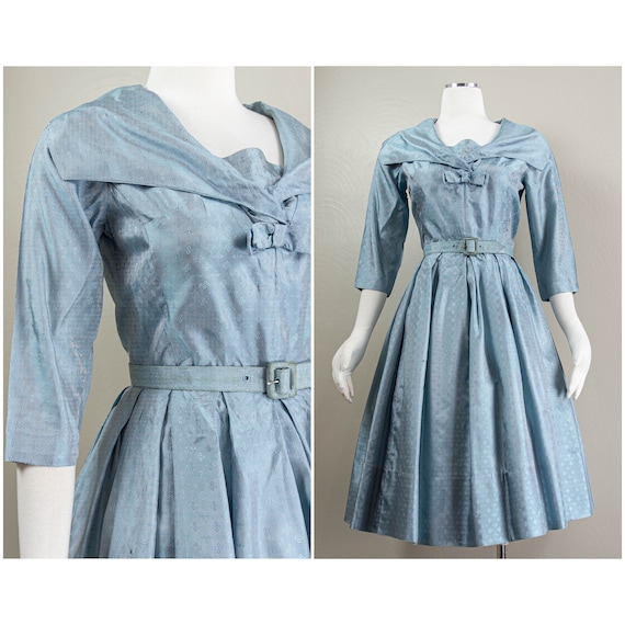 Darling 50s Icy Blue Jacquard Dress, Full Skirt, … - image 1