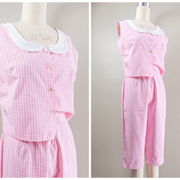 Cute 50s Pink Cotton Gingham Clam Diggers Pants and Top Set, Crop Top with Petter Pan Collar, Capri Pants