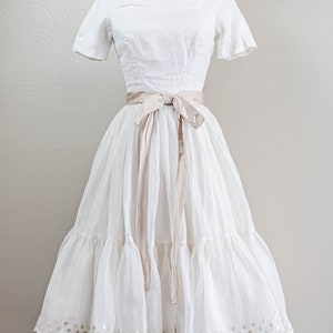 Darling 50s/60s White Cotton Organdy Party Dress, Taupe Satin Ribbon ...