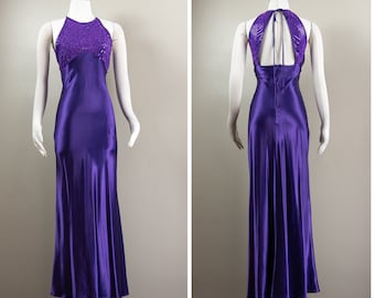 Sparkely 90s Purpel Satin Eveing Dress/Prom Dress, Bias-cut, Key hole Back, Glitter Fabric