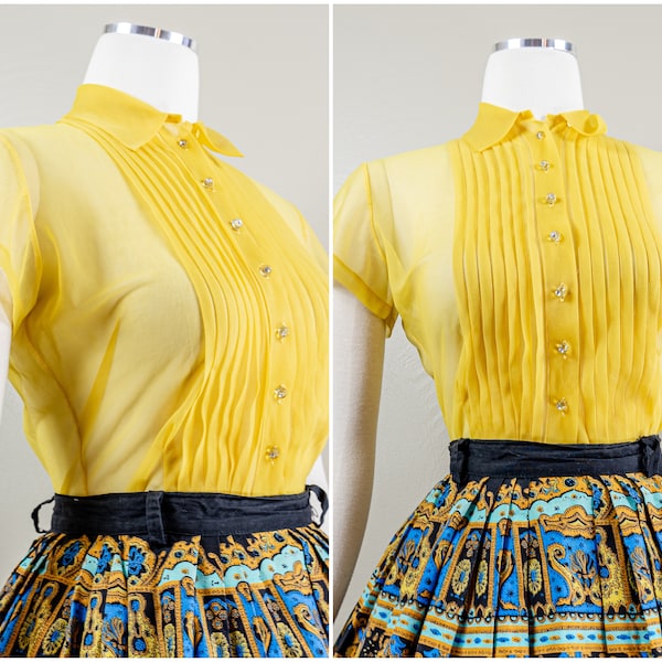 1950s Sunshine Yellow Sheer Nylon Blouse with Rhinestones Buttons, Pin Tucking Details