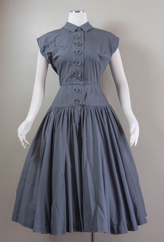 Chic 50s Charcoal Gray Cotton Drop Waist Shirt Dr… - image 2