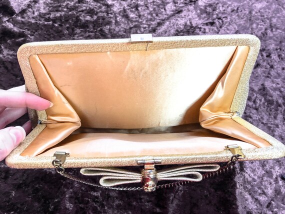 Vintage 50s/60s Gold Bow Clutch with rhinestone c… - image 5