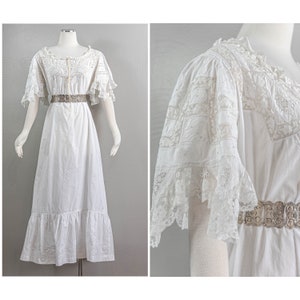 Whimsical Edwardian White Cotton Nightgown Lace Neckline and Fluttery Sleeves, Butterfly Embroiderer, Medium