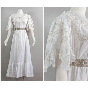 Whimsical Edwardian White Cotton Nightgown Lace Neckline and Fluttery Sleeves, Butterfly Embroiderer