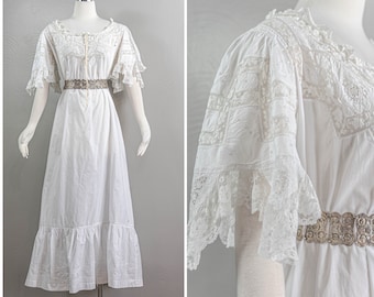 Whimsical Edwardian White Cotton Nightgown Lace Neckline and Fluttery Sleeves, Butterfly Embroiderer