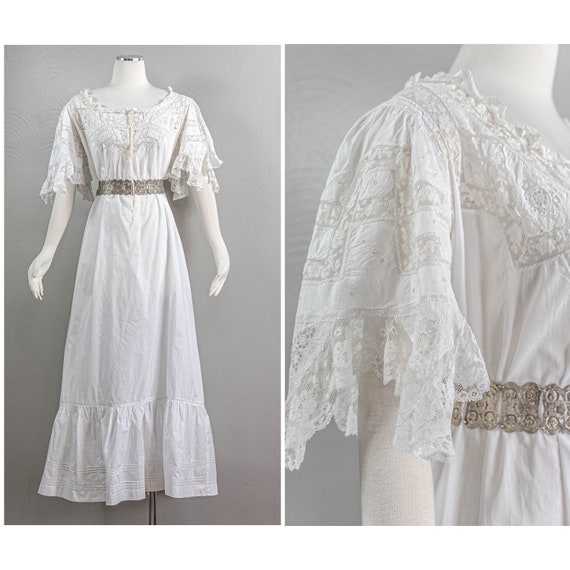 Whimsical Edwardian White Cotton Nightgown Lace N… - image 1