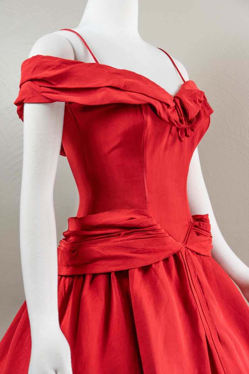 Glamorous True Red 50s Silk Faille Off the Shoulder Evening Dress, Fred Perlberg, Ballet Length image 5