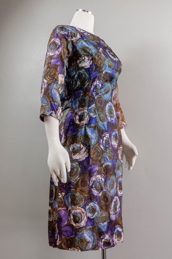 Funky 50s/60s Blue and Brown Rose Printed Wiggle … - image 3