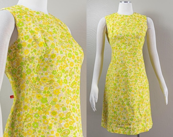 1960s Yellow Floral Mini Dress: Cotton Rayon, Paisley, Shift, Medium