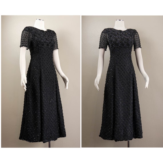 90s Black Silk Chiffon Beaded Midi Dress, Dark Ro… - image 1