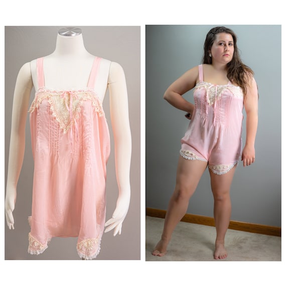 20s Pink Silk Lace Step ins, Ribbons, Large Size,