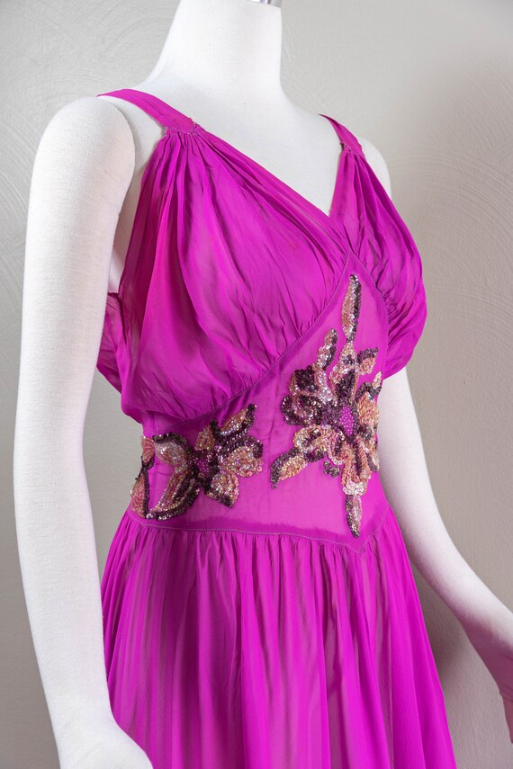 Glamorous 30s Vivid Fuchsia Silk Chiffon Evening … - image 6