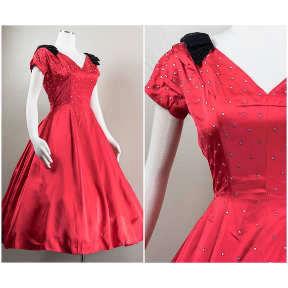 Glitzy 50s Red Satin Rhinestones Party Dress, Bla… - image 1