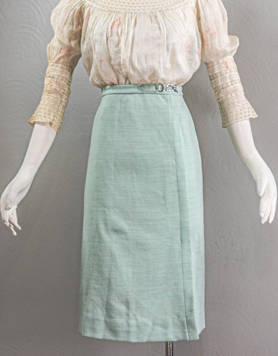 Chic Mint Green 70s Wrap Styled Skirt, Metal Buck… - image 2