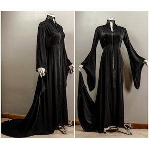 30s/40s Black Satin Dressing Gown: Lame Collar, Bell Sleeves, Train, Vampy, Medium